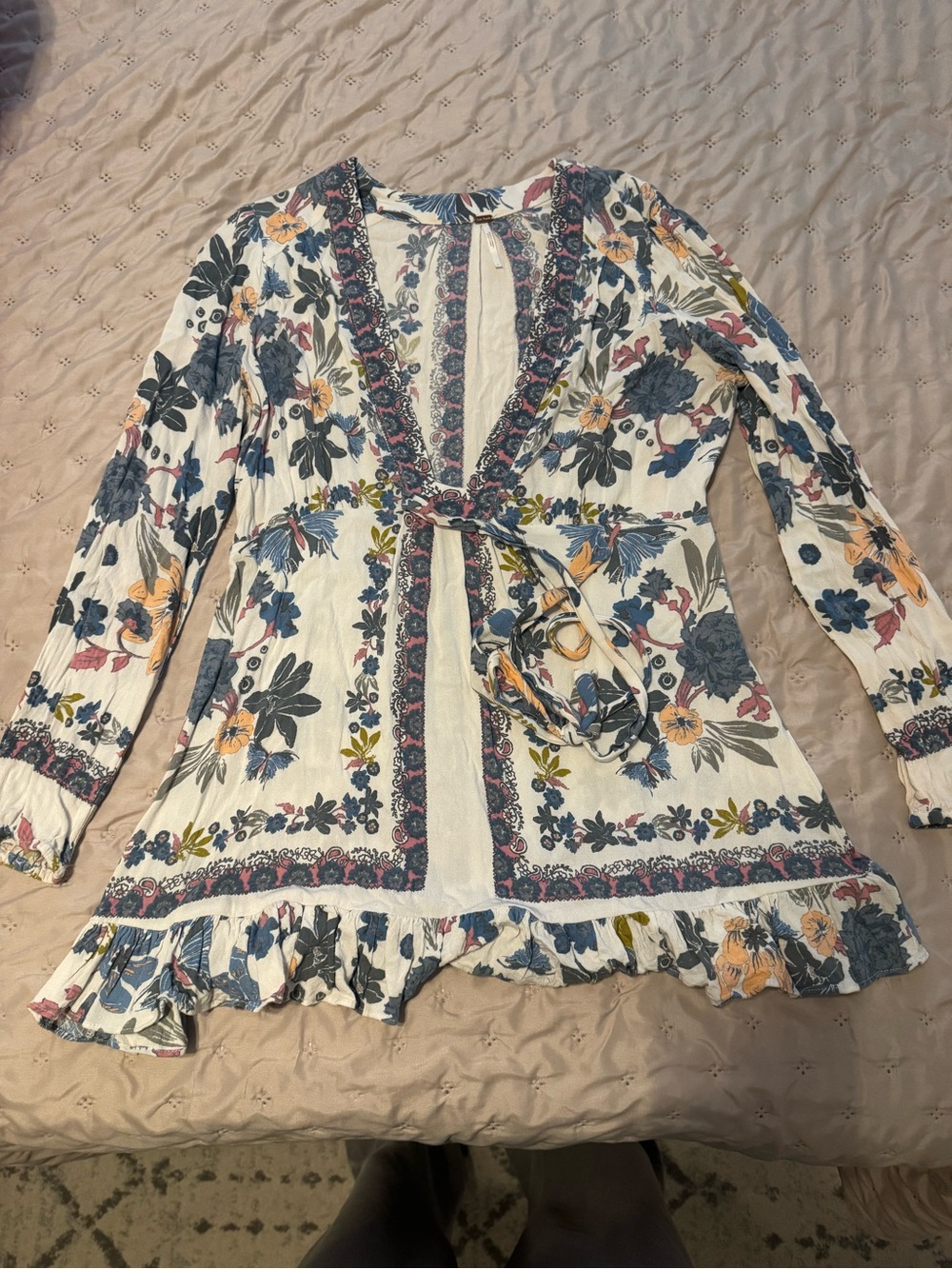 Free People Cream Floral Ruffle Tie-Front Top with Blue & Pink Print